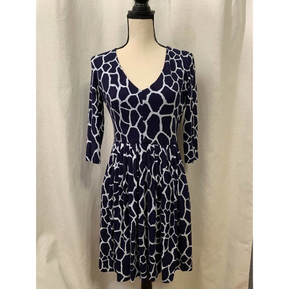 Jones New York Navy White Animal Print 3/4 Sleeve Knee Length Dress Pockets 6P - Picture 1 of 6